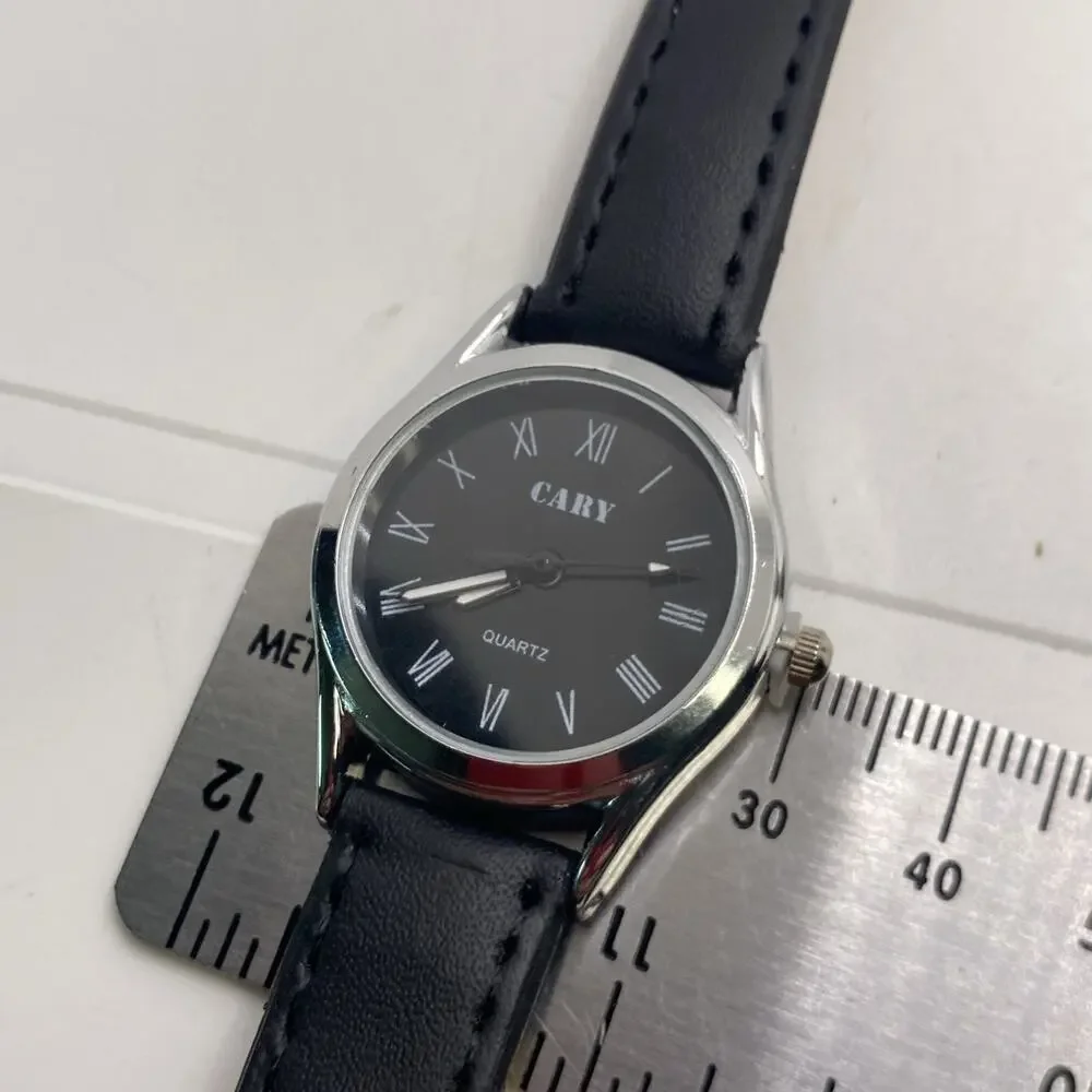 Cary Womens Silver Tone Black Leather Watch Works New Battery